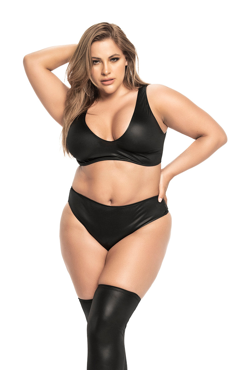 Plus Wet-Look Matte Lace-Up Bra + Bottoms Set