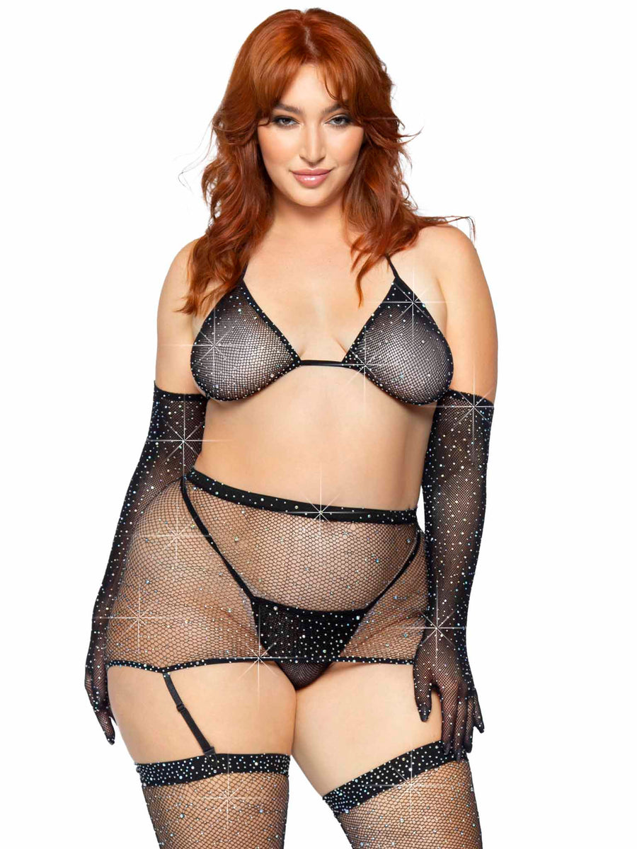 Plus Rhinestone Fishnet Garter Skirt, Top + Gloves Set