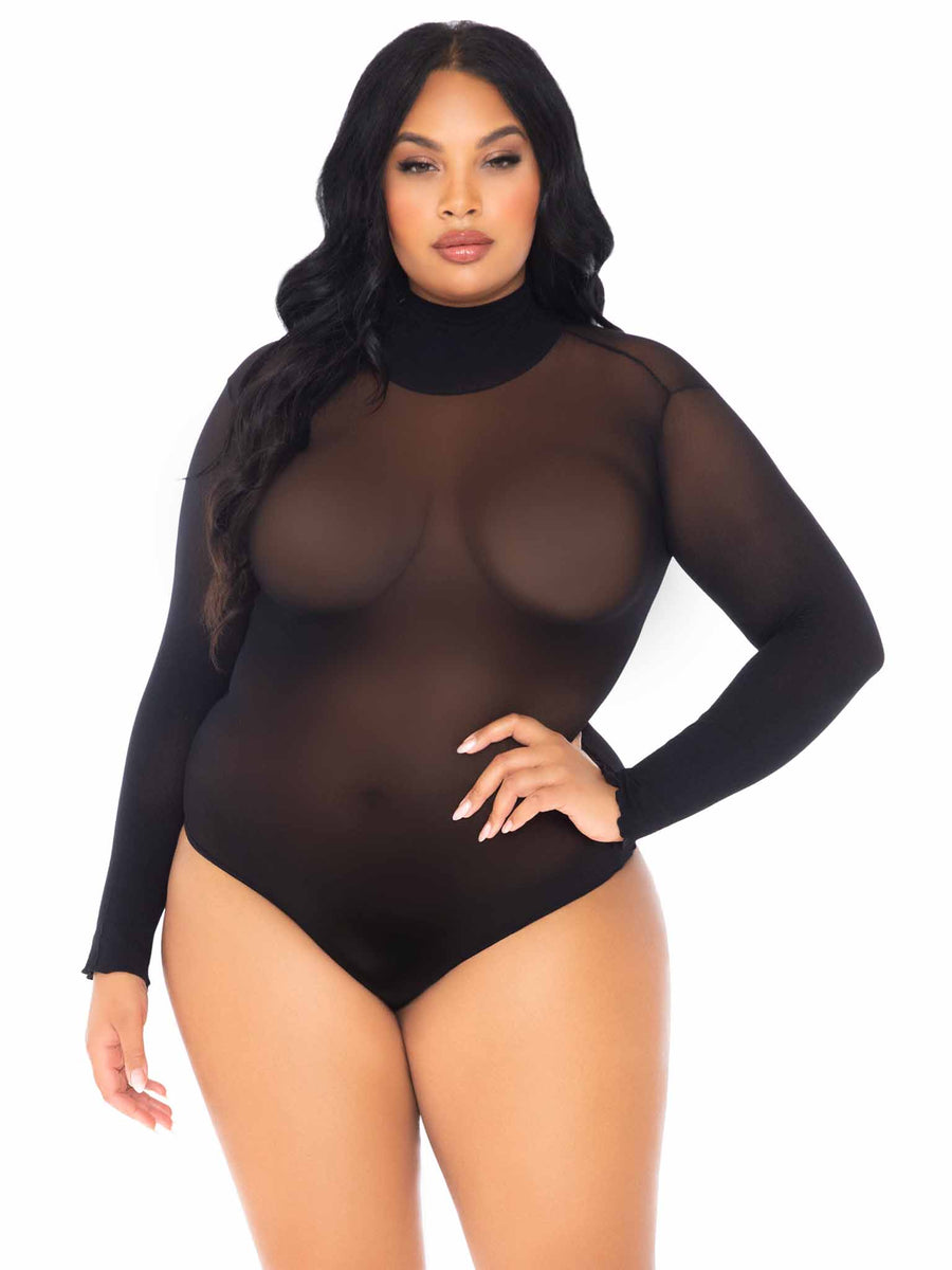 Plus Semi-Sheer Mock Neck Bodysuit