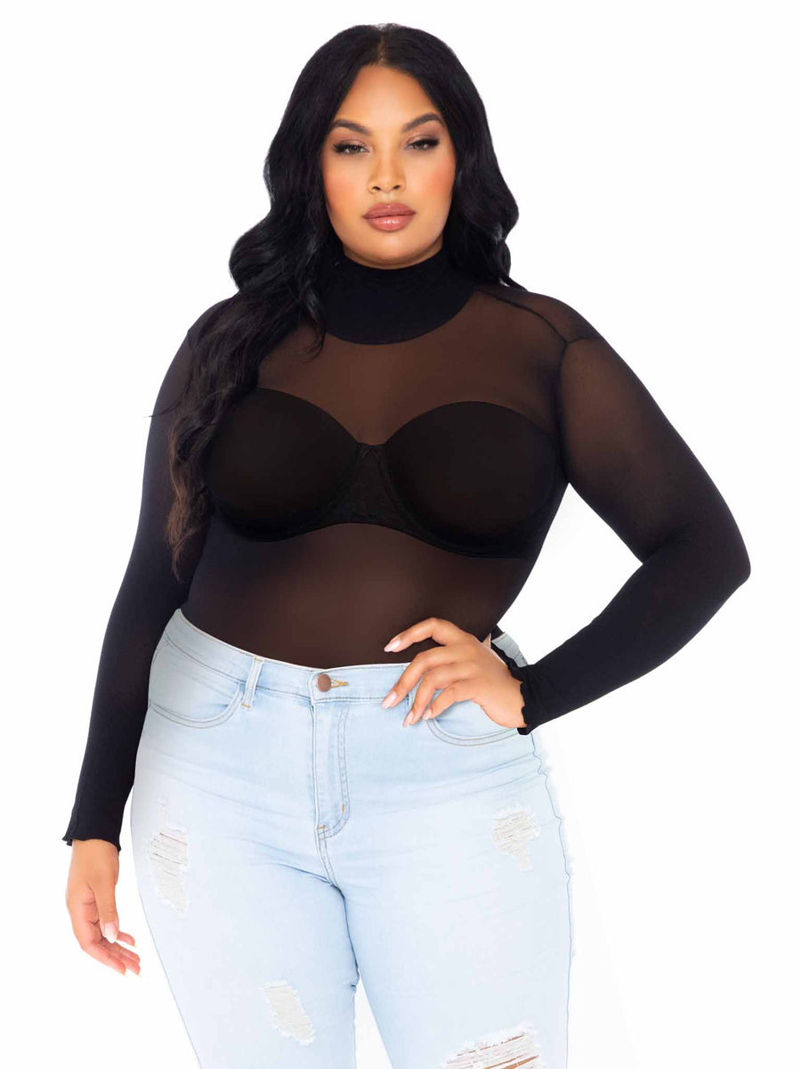 Plus Semi-Sheer Mock Neck Bodysuit