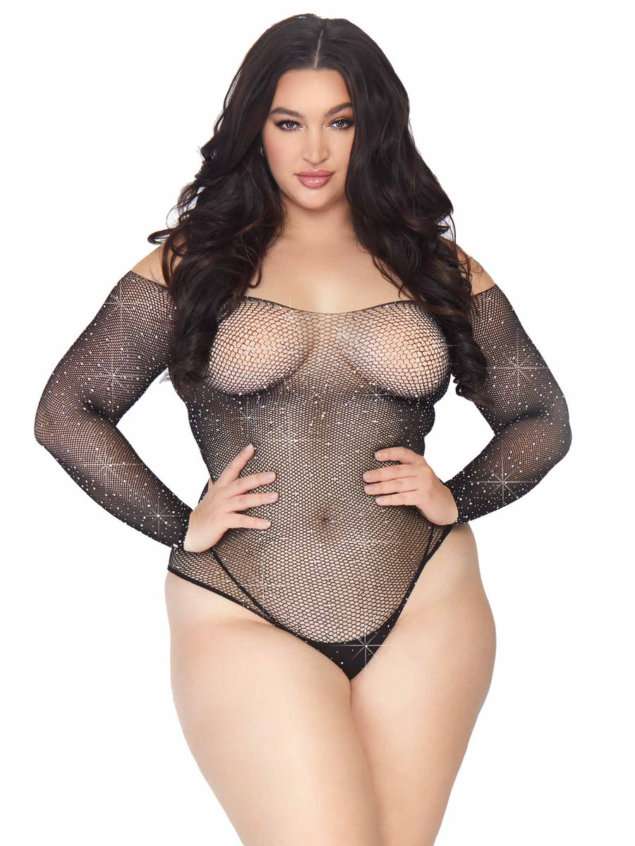 Plus Rhinestone Fishnet Bodysuit