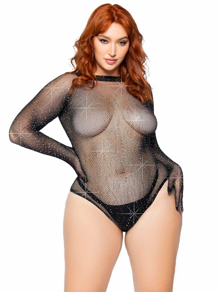 Plus Rhinestone Fishnet Gloved Bodysuit